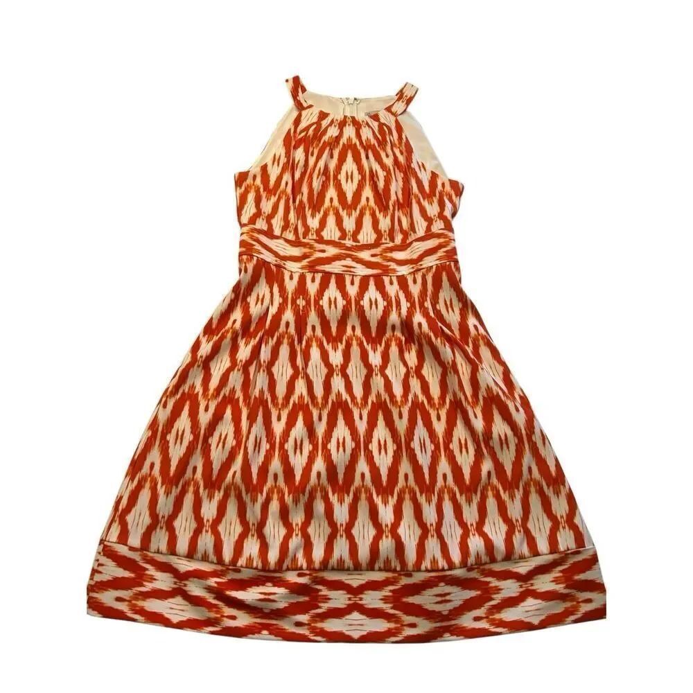 C&B Established 1962 Orange & White Ikat Halter Dress Women's Size 8 Pleated Poc